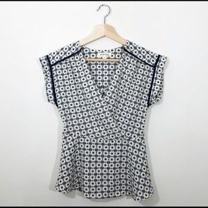 Monteau • Blue & Cream V Neck Peplum Blouse